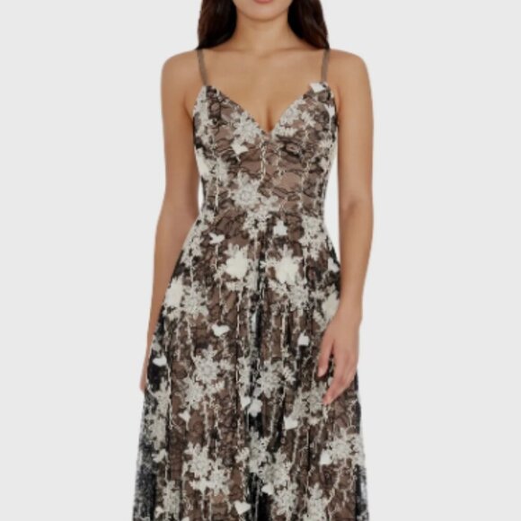 Dress the Population Tahani V-Neck Embroidered Mesh Cocktail Dress Blk/Wht Sz L - Picture 1 of 7